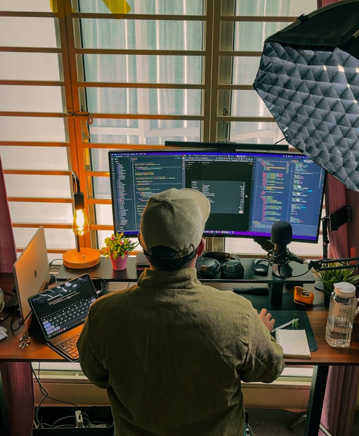 A developers home office setup with multiple screens, coding in progress, and cozy lighting.